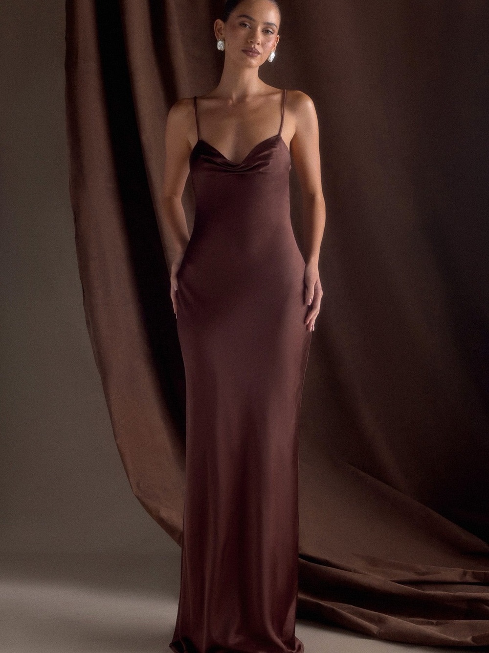 Meshki Lilly Sweetheart Satin Maxi Dress in Dark Chocolate Size XL